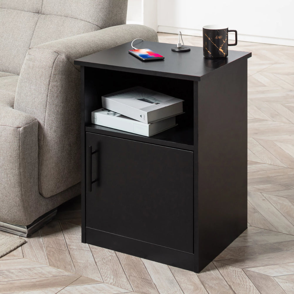 Olive Moss - Modern Wide Top Open Shelf Cabinet Nightstand with Charging Station