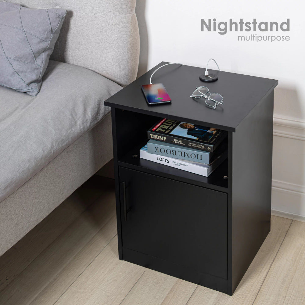 Olive Moss - Modern Wide Top Open Shelf Cabinet Nightstand with Charging Station