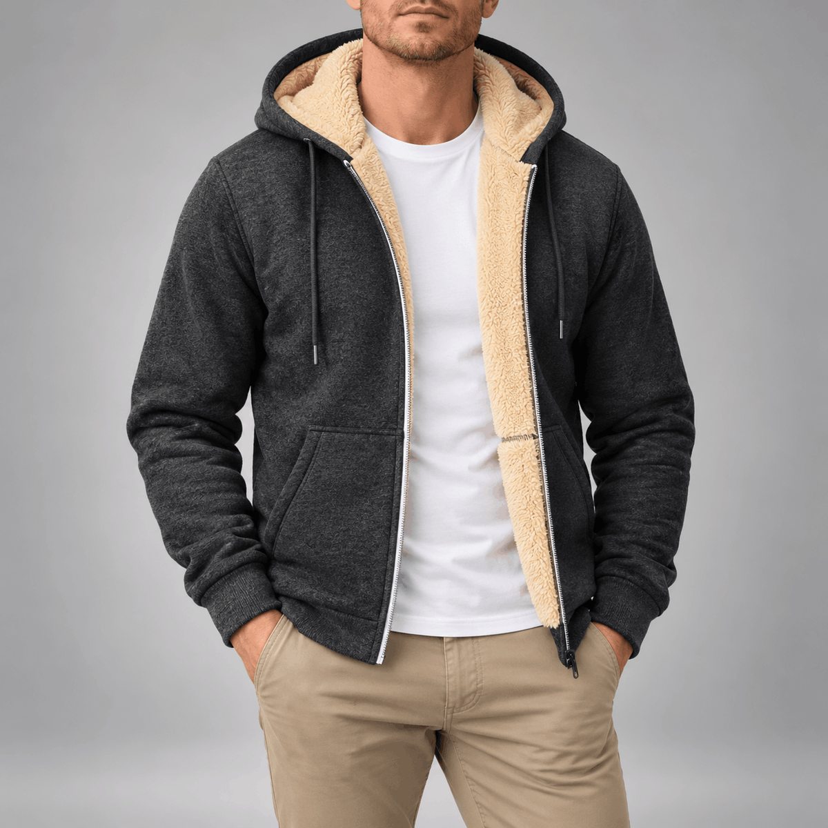 Sherpa-Lined Zip-Up Hoodie – Dark gray hoodie worn by a male model with sherpa lining and full-zip front