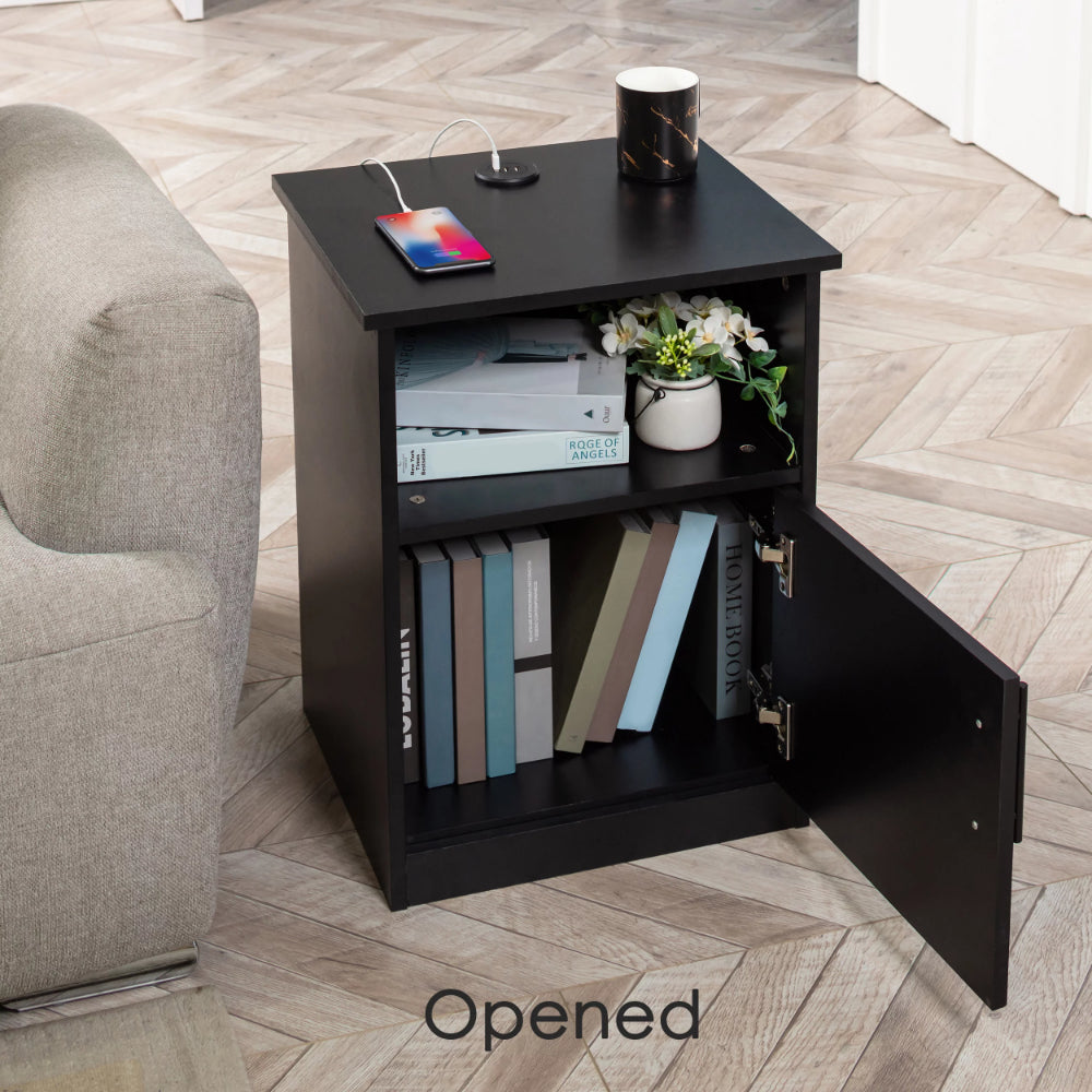 Olive Moss - Modern Wide Top Open Shelf Cabinet Nightstand with Charging Station