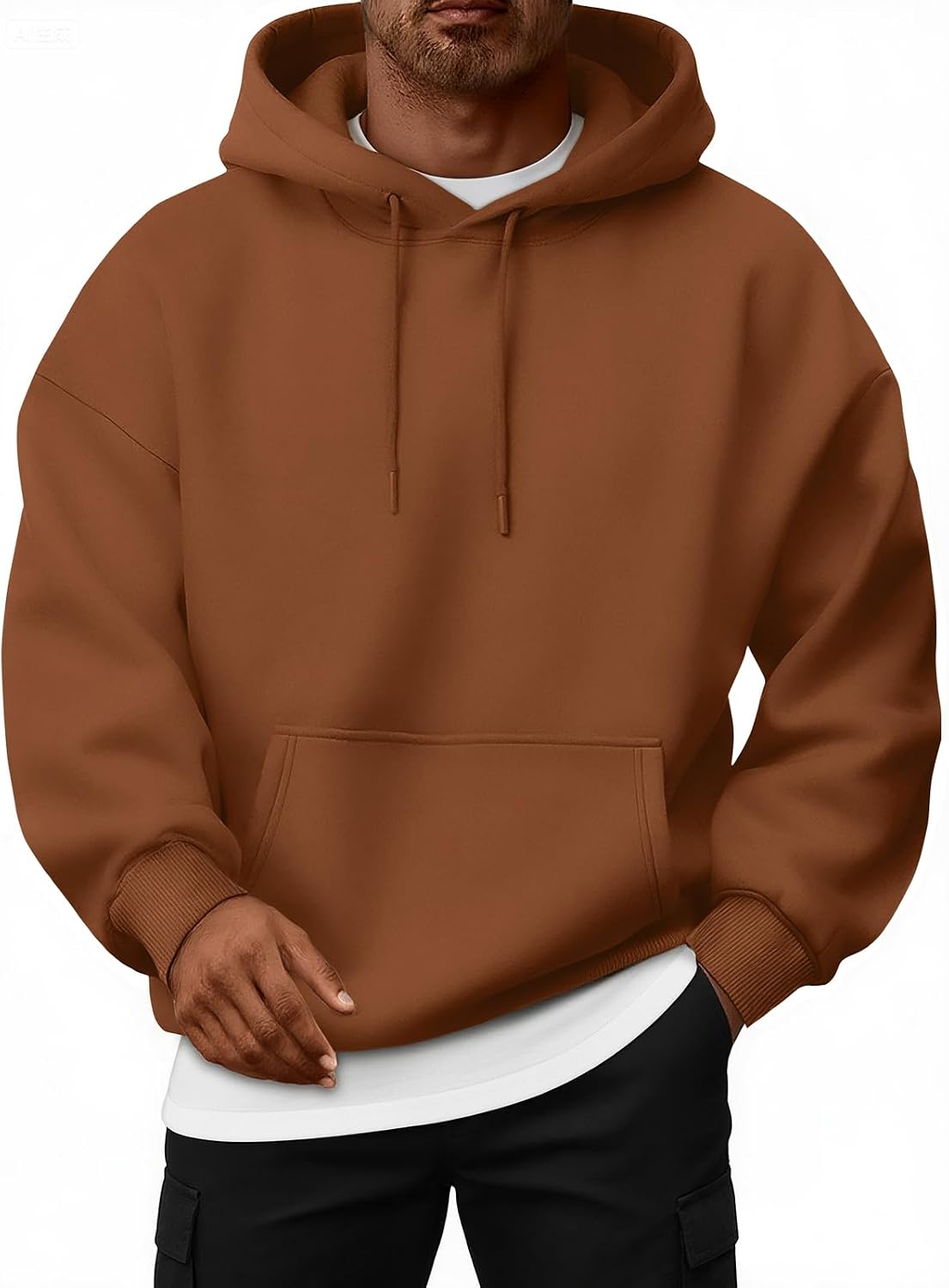 Oversized Fleece-Lined Pullover Hoodie – Brown hoodie worn by a male model with dropped shoulders and kangaroo pocket
