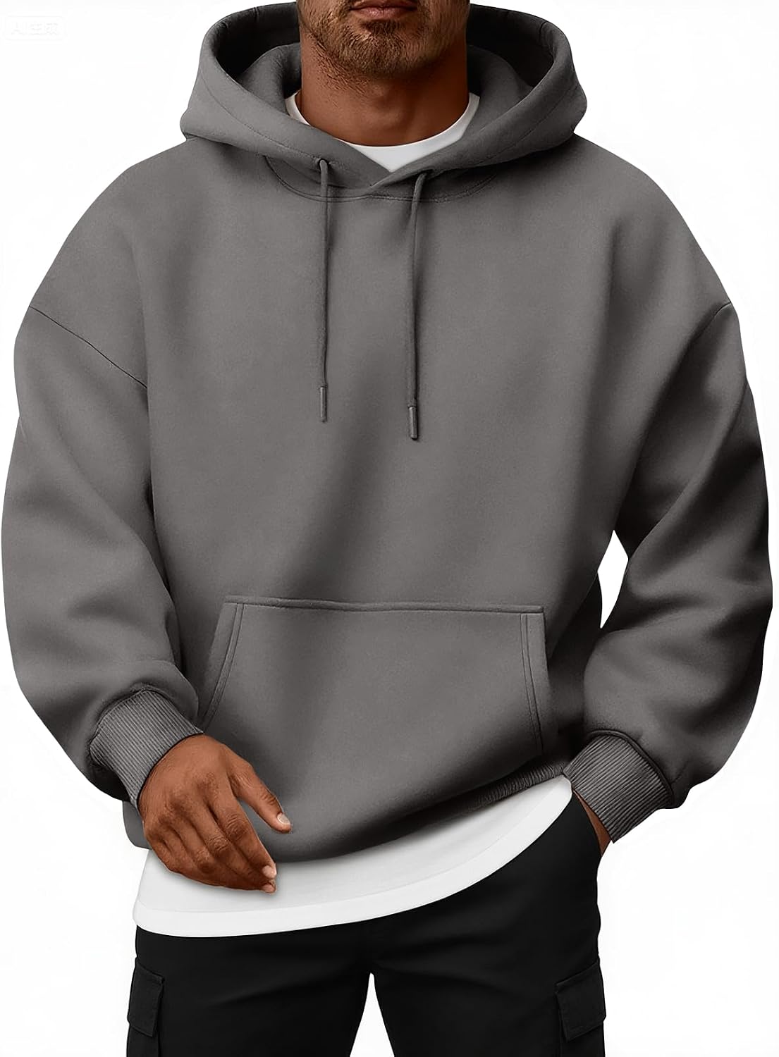 Oversized Fleece-Lined Pullover Hoodie – Dark Gray hoodie worn by a male model with dropped shoulders and kangaroo pocket