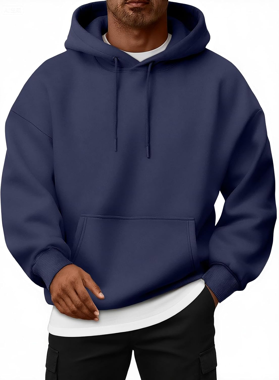 Oversized Fleece-Lined Pullover Hoodie – Navy hoodie worn by a male model with drawstrings and kangaroo pocket