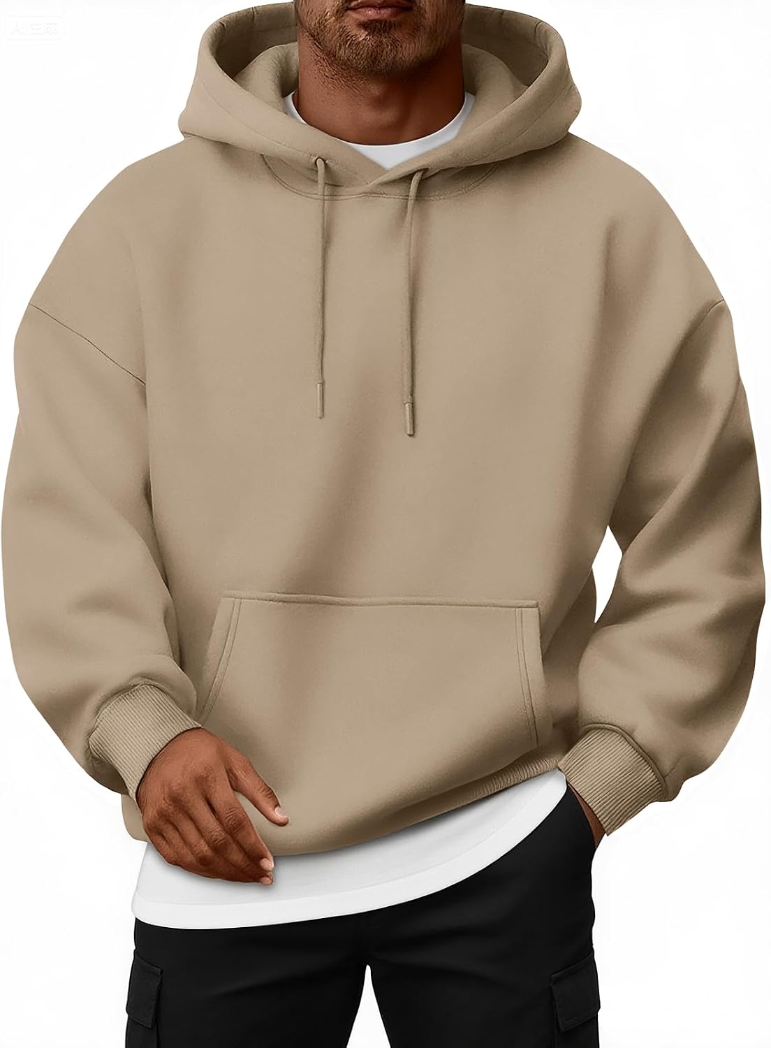 Oversized Fleece-Lined Pullover Hoodie – Khaki hoodie worn by a male model with drawstrings and kangaroo pocket