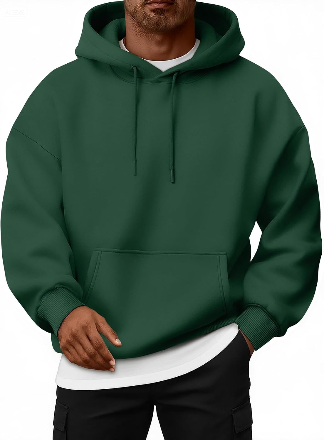 Oversized Fleece-Lined Pullover Hoodie – Dark Green hoodie worn by a male model with drawstrings and kangaroo pocket