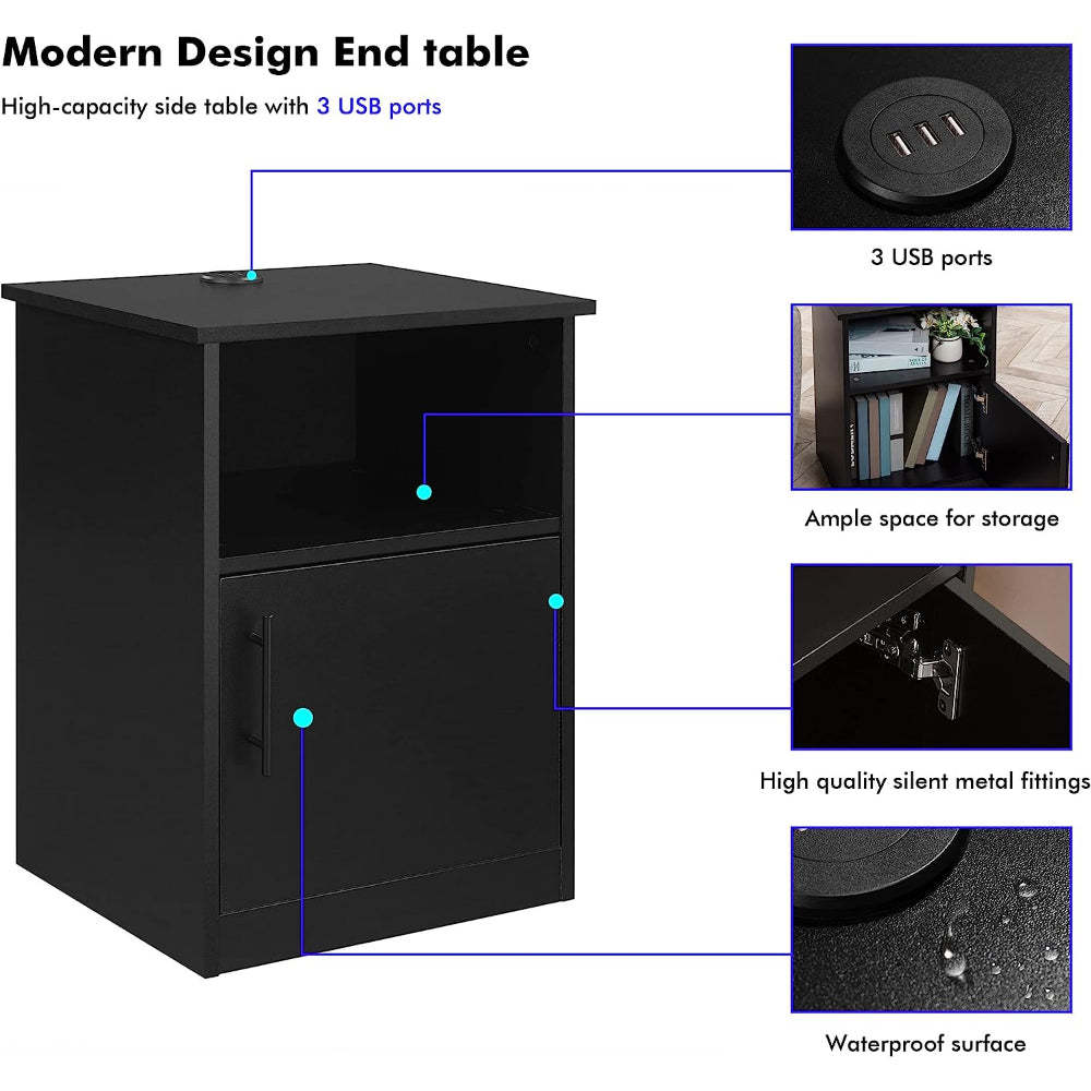 Olive Moss - Modern Wide Top Open Shelf Cabinet Nightstand with Charging Station