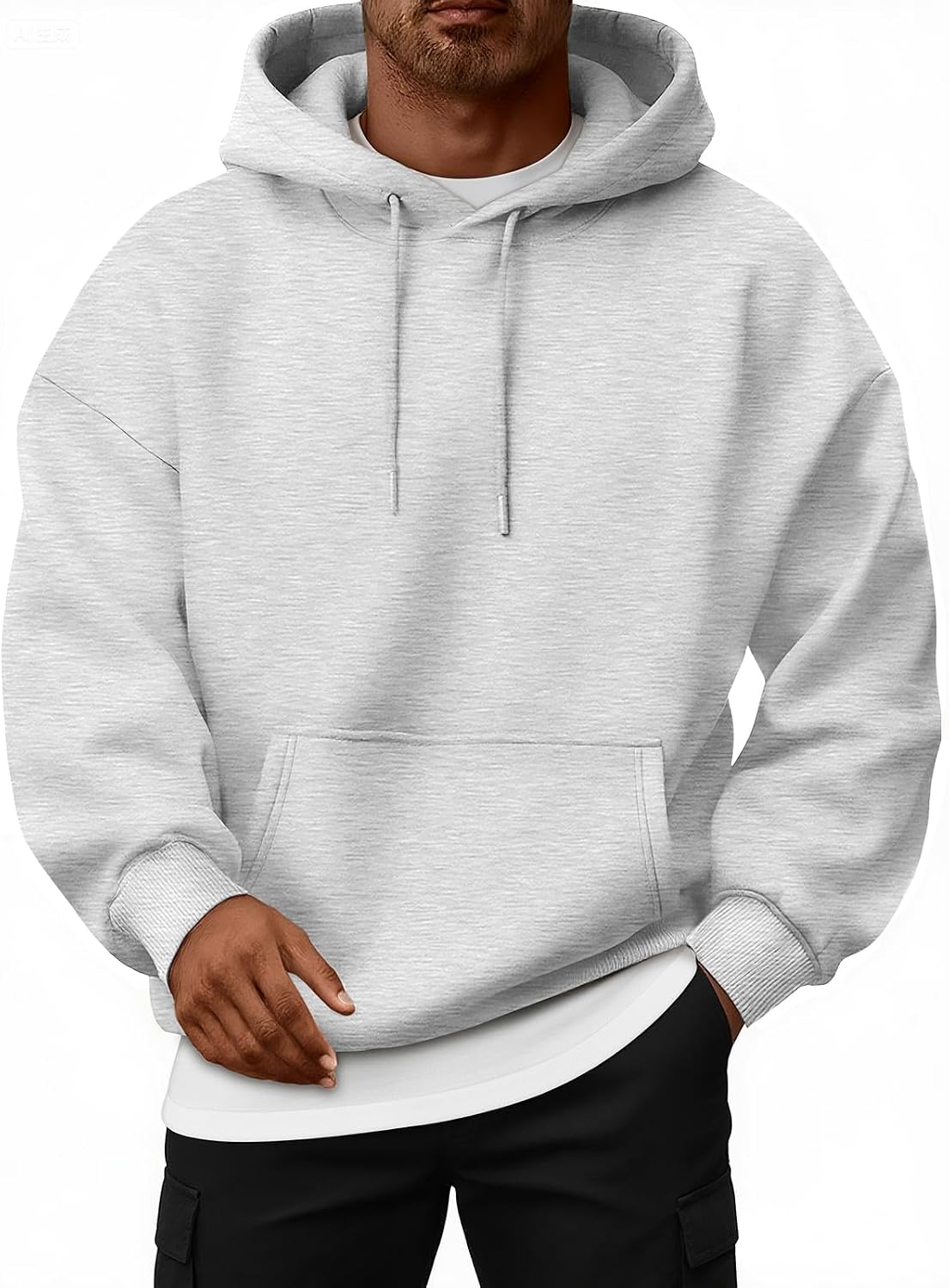 Oversized Fleece-Lined Pullover Hoodie – Light gray hoodie worn by a male model with dropped shoulders and kangaroo pocket