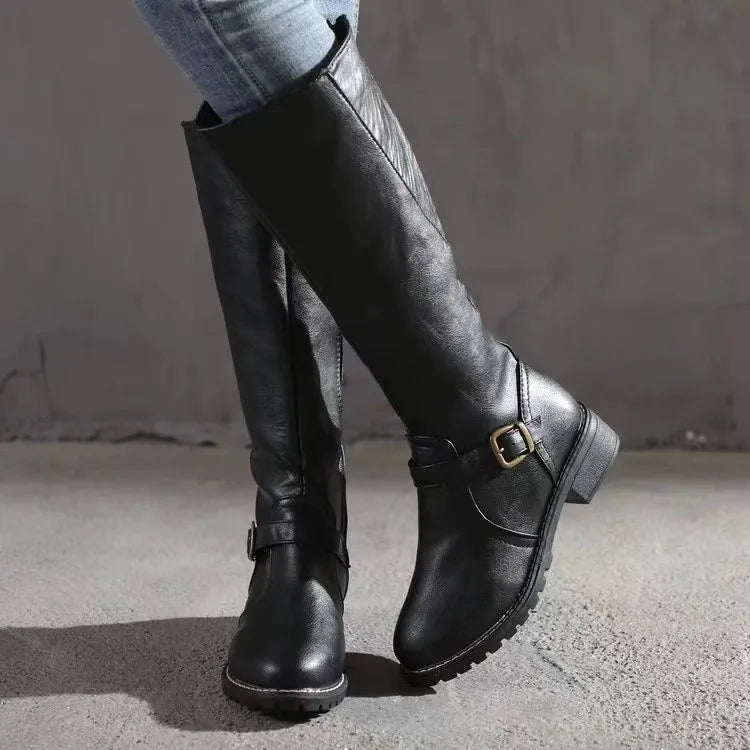 Adaline PU Leather Knee High Boots – Buckle Detail Chunky Heel Winter Footwear