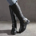 Adaline PU Leather Knee High Boots – Buckle Detail Chunky Heel Winter Footwear