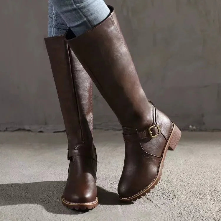 Adaline PU Leather Knee High Boots – Buckle Detail Chunky Heel Winter Footwear
