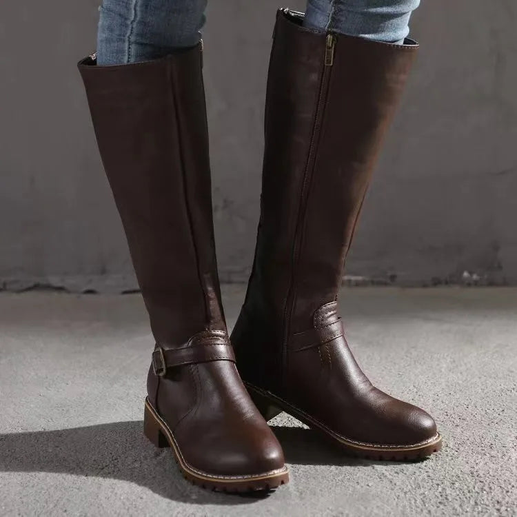 Adaline PU Leather Knee High Boots – Buckle Detail Chunky Heel Winter Footwear