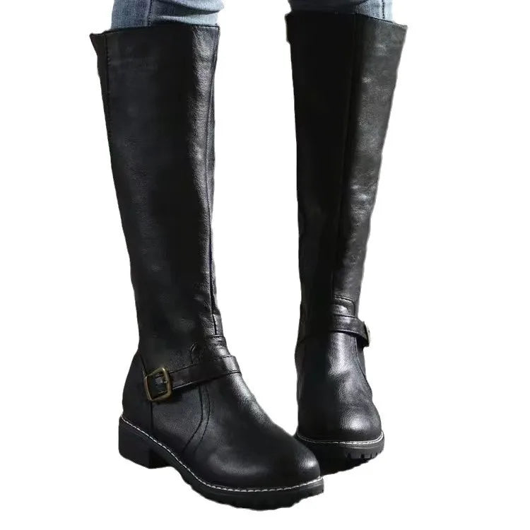 Adaline PU Leather Knee High Boots – Buckle Detail Chunky Heel Winter Footwear
