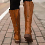 Adaline PU Leather Knee High Boots – Buckle Detail Chunky Heel Winter Footwear