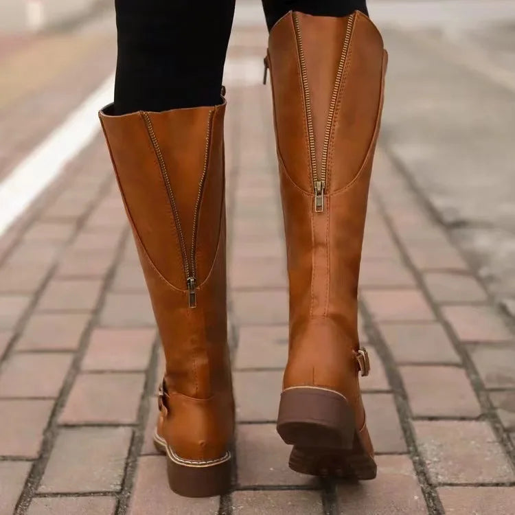 Adaline PU Leather Knee High Boots – Buckle Detail Chunky Heel Winter Footwear