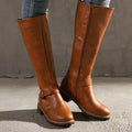 Adaline PU Leather Knee High Boots – Buckle Detail Chunky Heel Winter Footwear