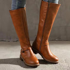 Adaline PU Leather Knee High Boots – Buckle Detail Chunky Heel Winter Footwear