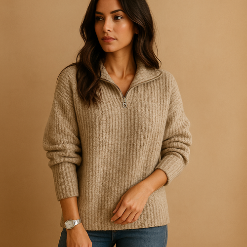 Beige ribbed knit half-zip sweater with a funnel collar and tailored fit, worn with blue jeans.
