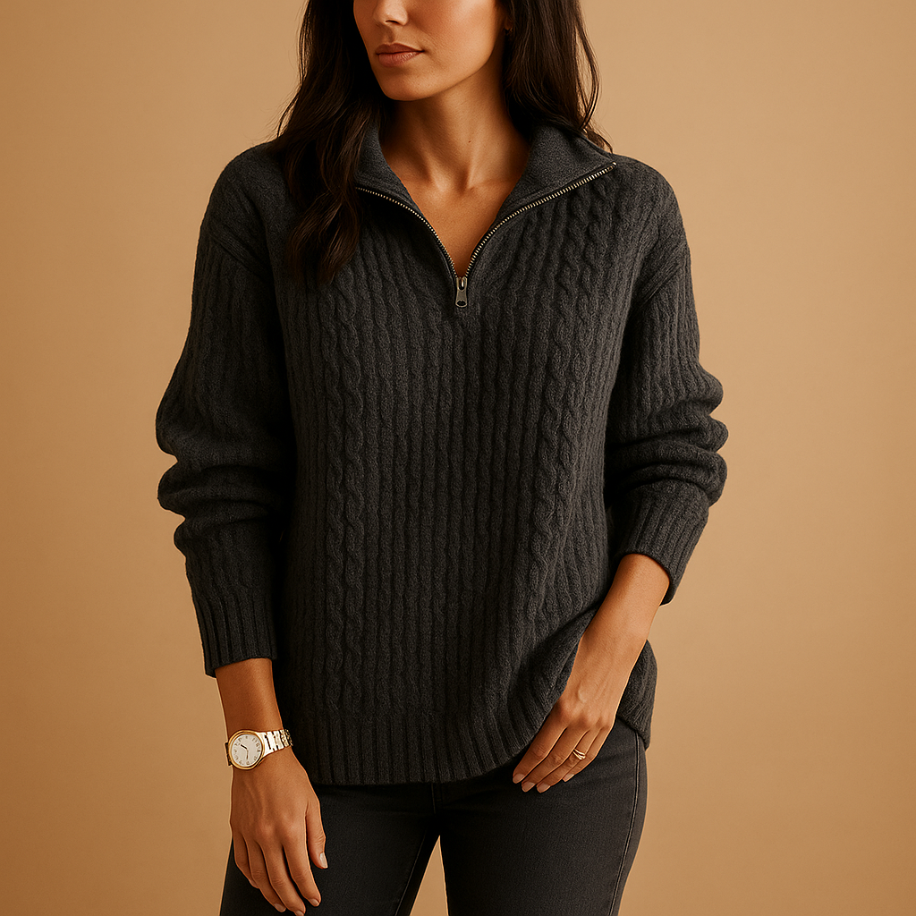 Charcoal grey ribbed knit half-zip sweater with a funnel collar and tailored fit on a neutral background.
