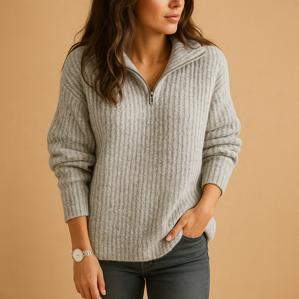 Grey ribbed knit half-zip sweater with a funnel collar and slightly tailored fit worn with dark jeans.