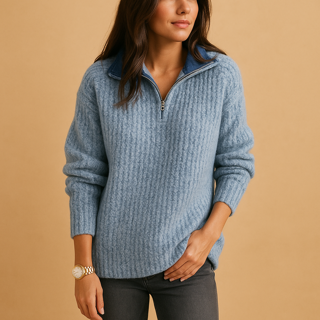 Soft blue ribbed knit half-zip sweater with a funnel collar and tailored fit worn with dark grey trousers.