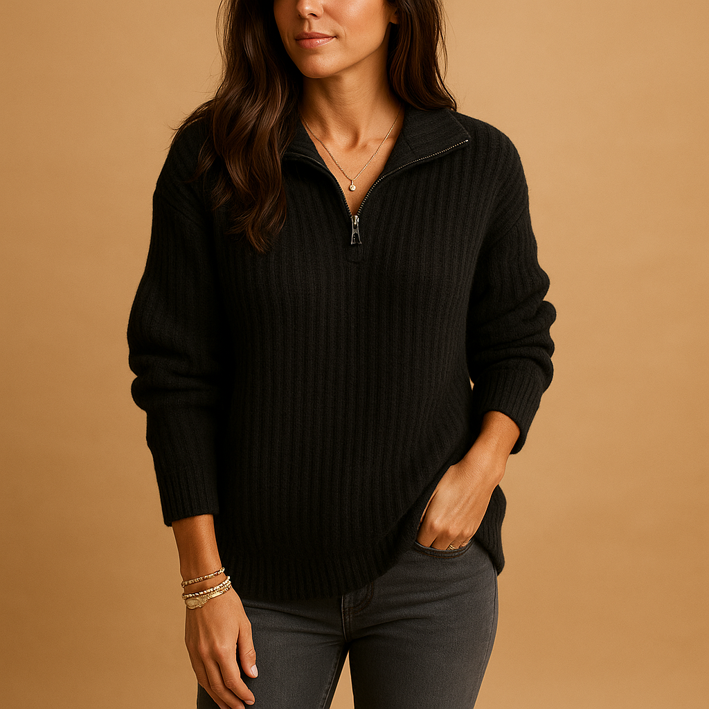 Black ribbed knit half-zip sweater with a funnel collar and tailored fit, worn with dark grey jeans.