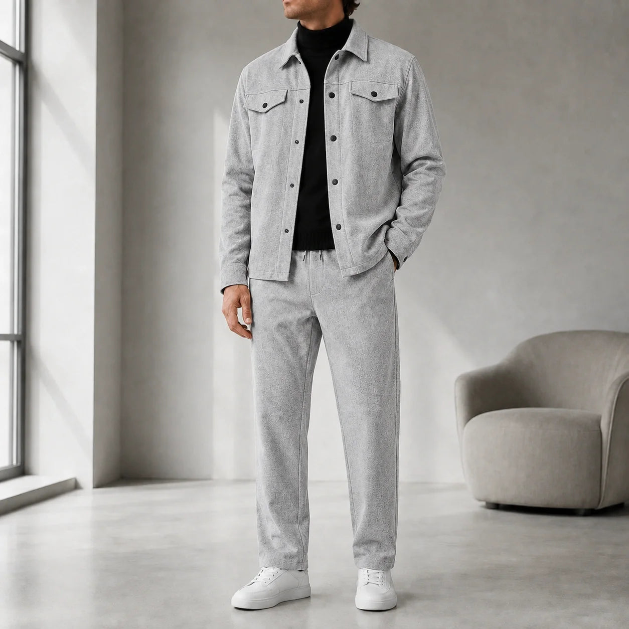 Man wearing a light gray casual button-front jacket with matching trousers, a black turtleneck sweater, and white sneakers.