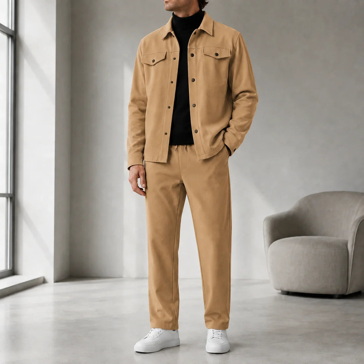 Man wearing a khaki casual button-front jacket with matching trousers, a black turtleneck sweater, and white sneakers.
