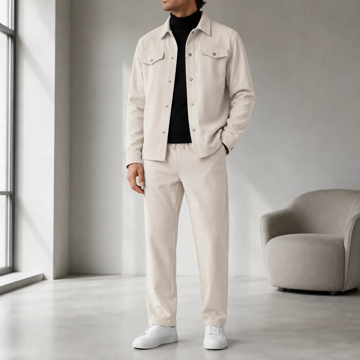 Man wearing a white casual button-front jacket with matching trousers, a black turtleneck sweater, and white sneakers in a minimalist indoor setting.