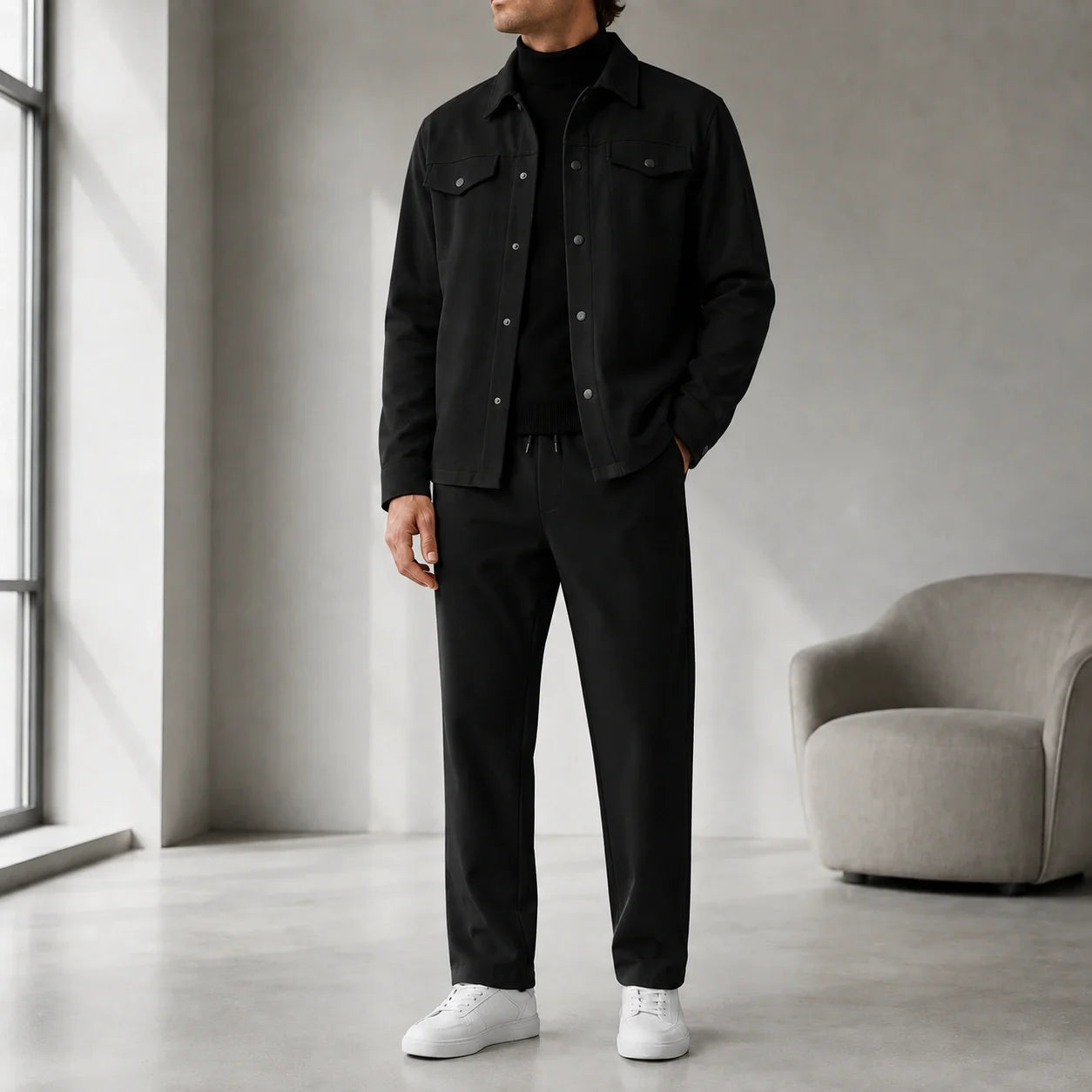 Man wearing a black casual button-front jacket with matching black trousers, a black turtleneck sweater, and white sneakers in a modern indoor setting.