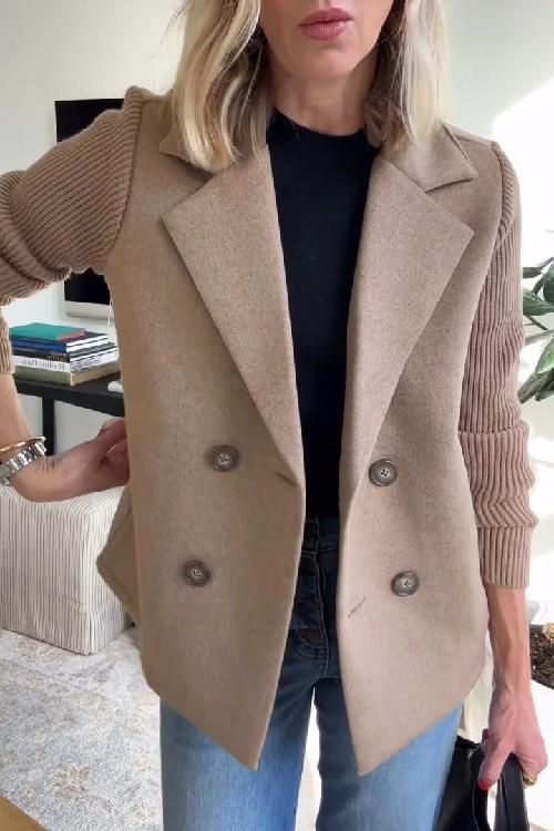 Camel wool-blend double-breasted blazer with contrasting ribbed-knit sleeves and a tailored, structured fit.