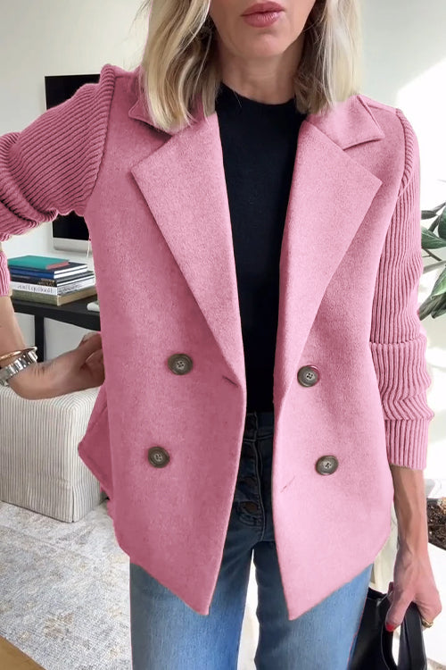 Pink wool-blend double-breasted blazer featuring contrasting ribbed-knit sleeves and a tailored, structured fit.