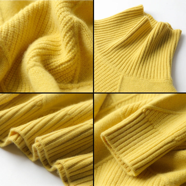 Yellow wool turtleneck sweater featuring a raised diamond-pattern knit, ribbed collar, and structured ribbed cuffs.