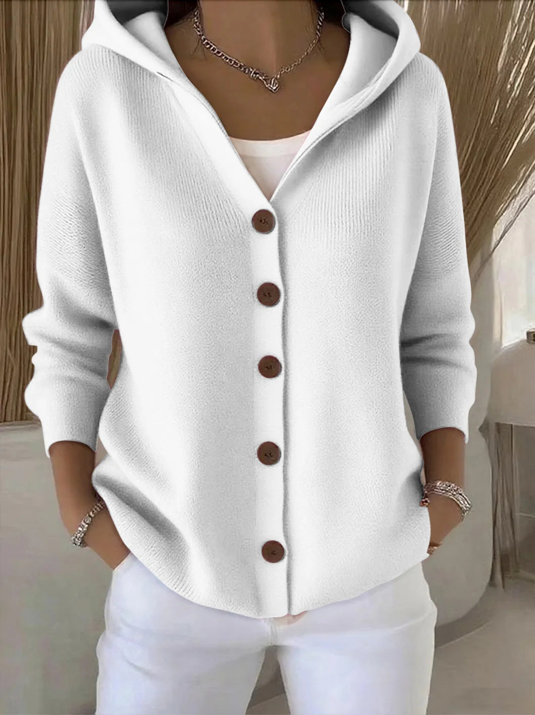 Adelina Knit Blend Hooded Cardigan – Button-Front Relaxed Everyday Knitwear