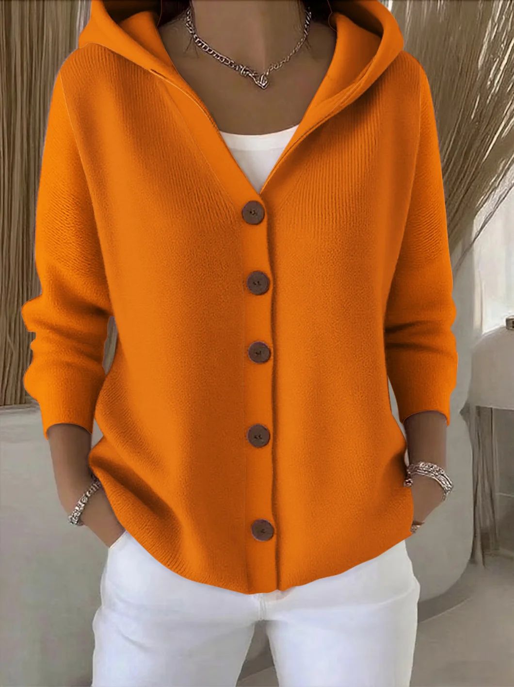 Adelina Knit Blend Hooded Cardigan – Button-Front Relaxed Everyday Knitwear