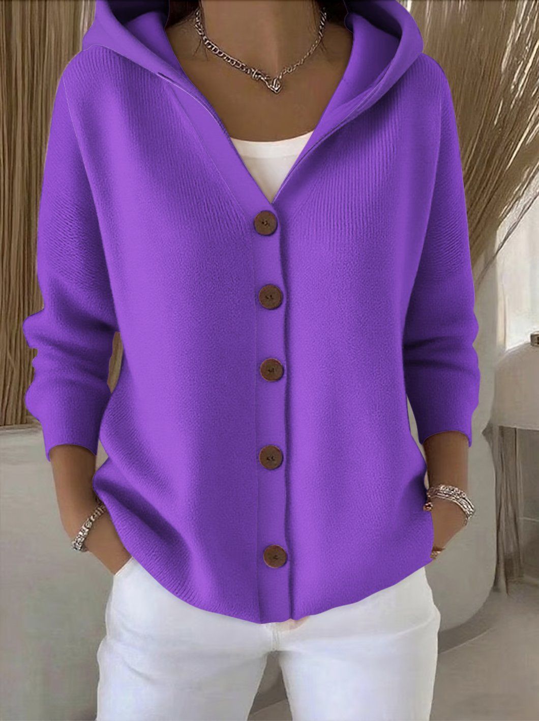 Adelina Knit Blend Hooded Cardigan – Button-Front Relaxed Everyday Knitwear