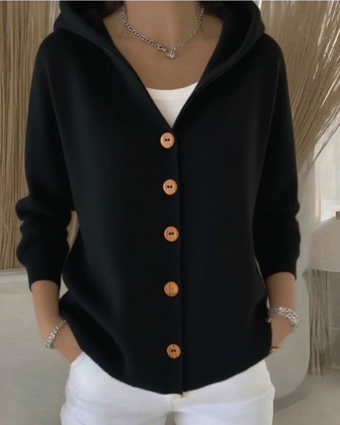 Adelina Knit Blend Hooded Cardigan – Button-Front Relaxed Everyday Knitwear