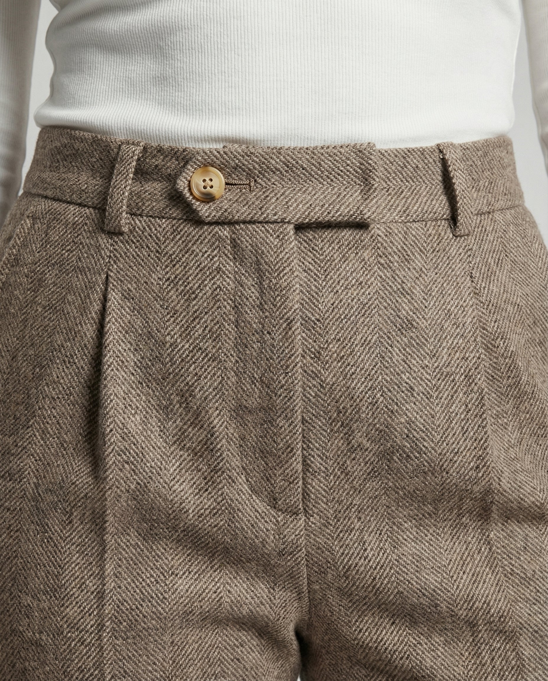 Adelina Wool Herringbone Trousers – High-Waist Pleated Cuffed-Hem Pants