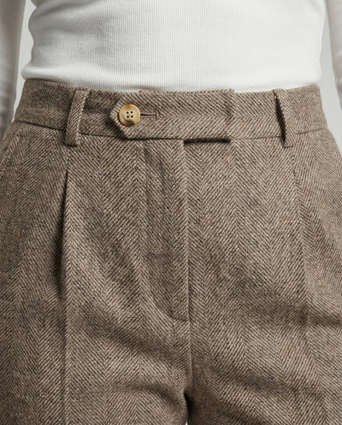Adelina Wool Herringbone Trousers – High-Waist Pleated Cuffed-Hem Pants