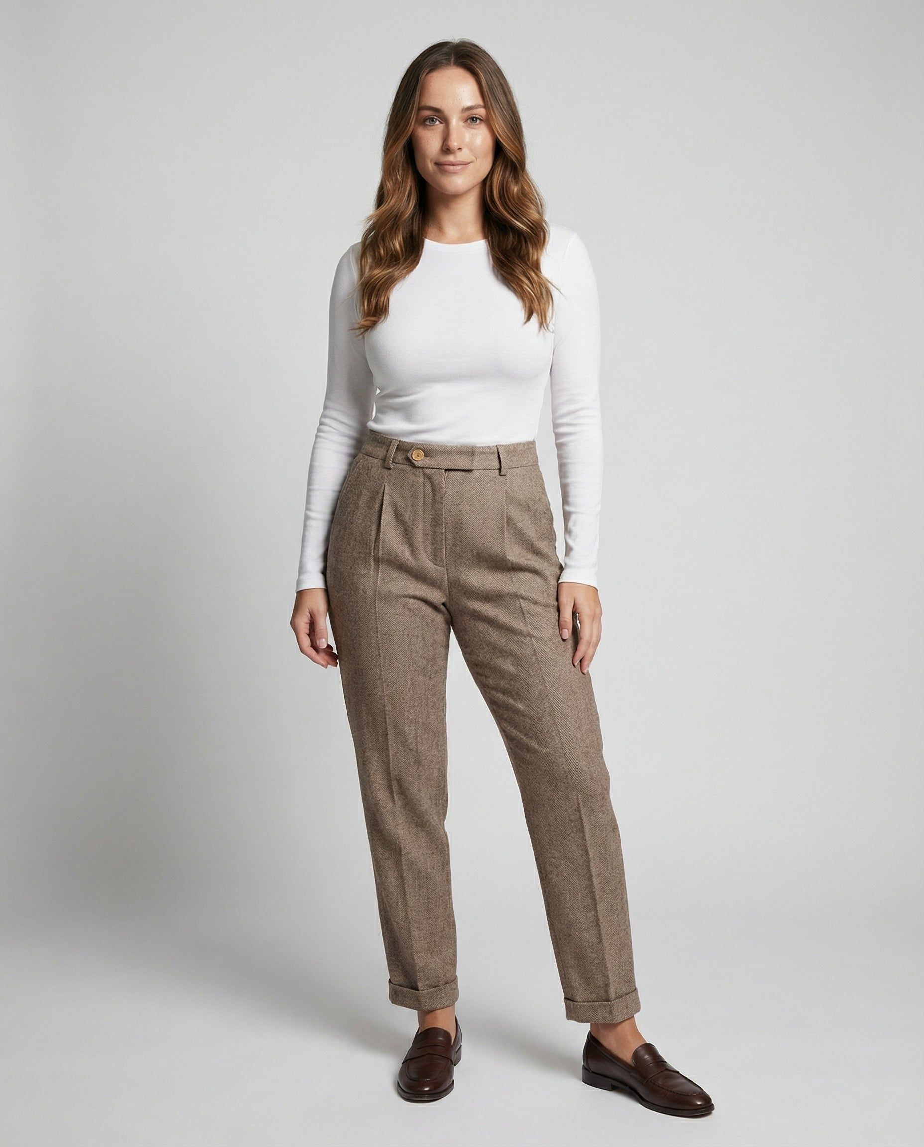 Adelina Wool Herringbone Trousers – High-Waist Pleated Cuffed-Hem Pants