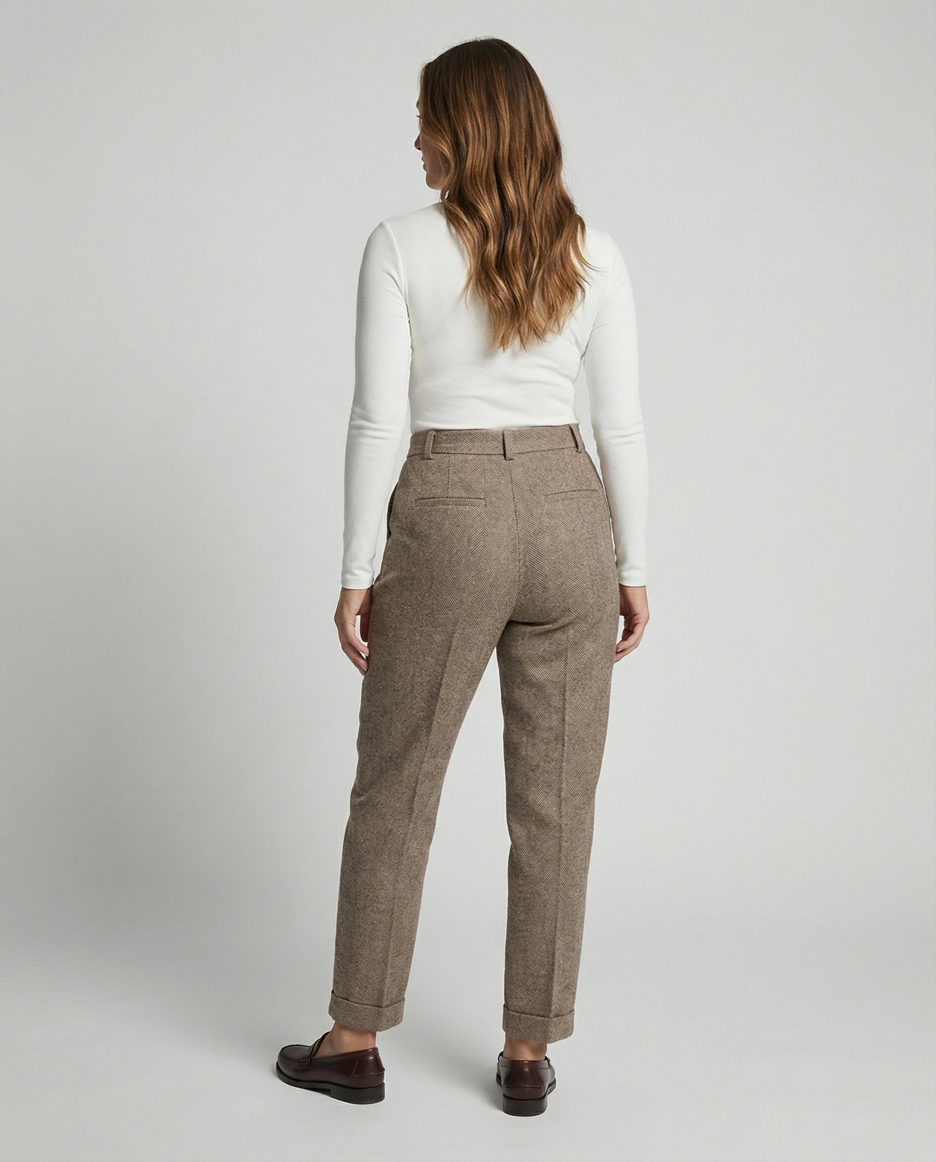 Adelina Wool Herringbone Trousers – High-Waist Pleated Cuffed-Hem Pants