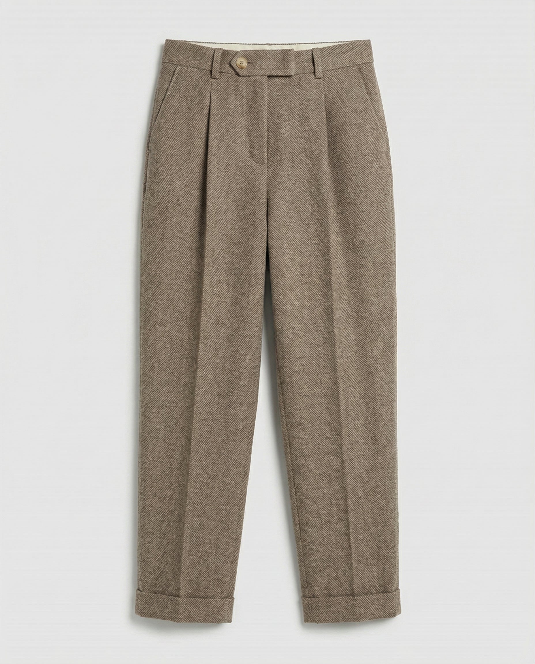 Adelina Wool Herringbone Trousers – High-Waist Pleated Cuffed-Hem Pants