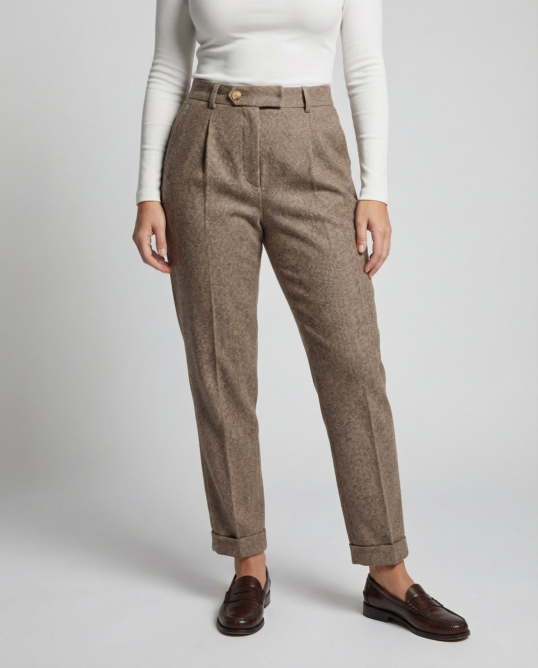 Adelina Wool Herringbone Trousers – High-Waist Pleated Cuffed-Hem Pants