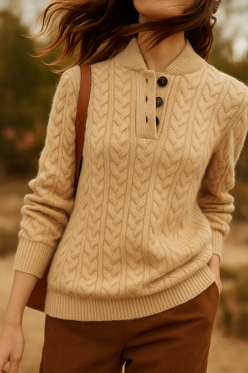 Beige cable-knit wool-blend henley sweater with a button-up stand collar and a slim, tailored fit.