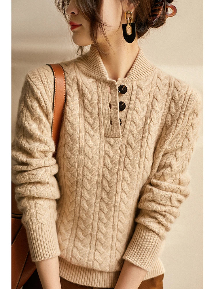 Beige cable-knit wool blend henley sweater with a button-up stand collar and a snug, tailored fit.