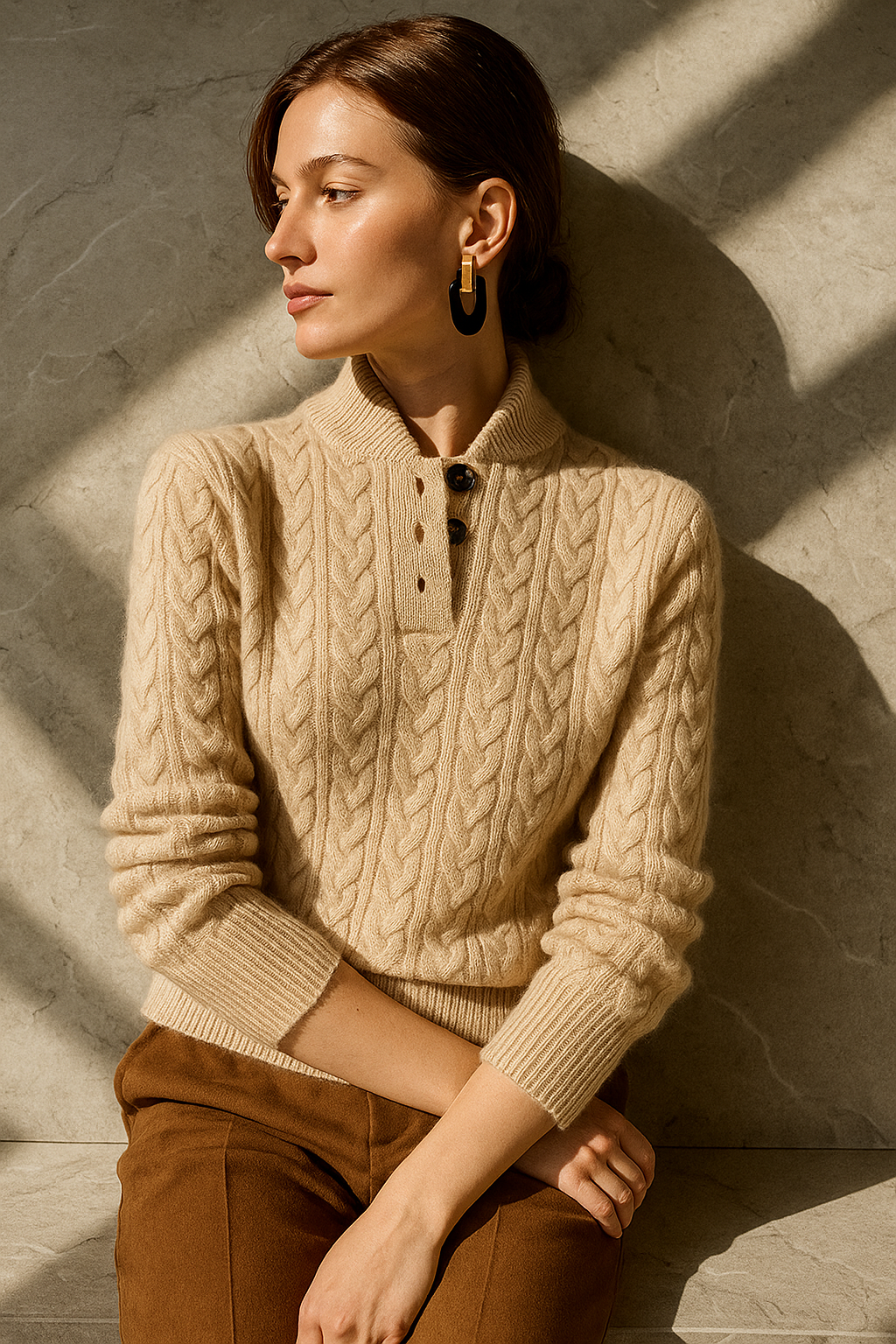 Beige cable-knit wool blend henley sweater with a buttoned stand collar and slim, tailored fit.