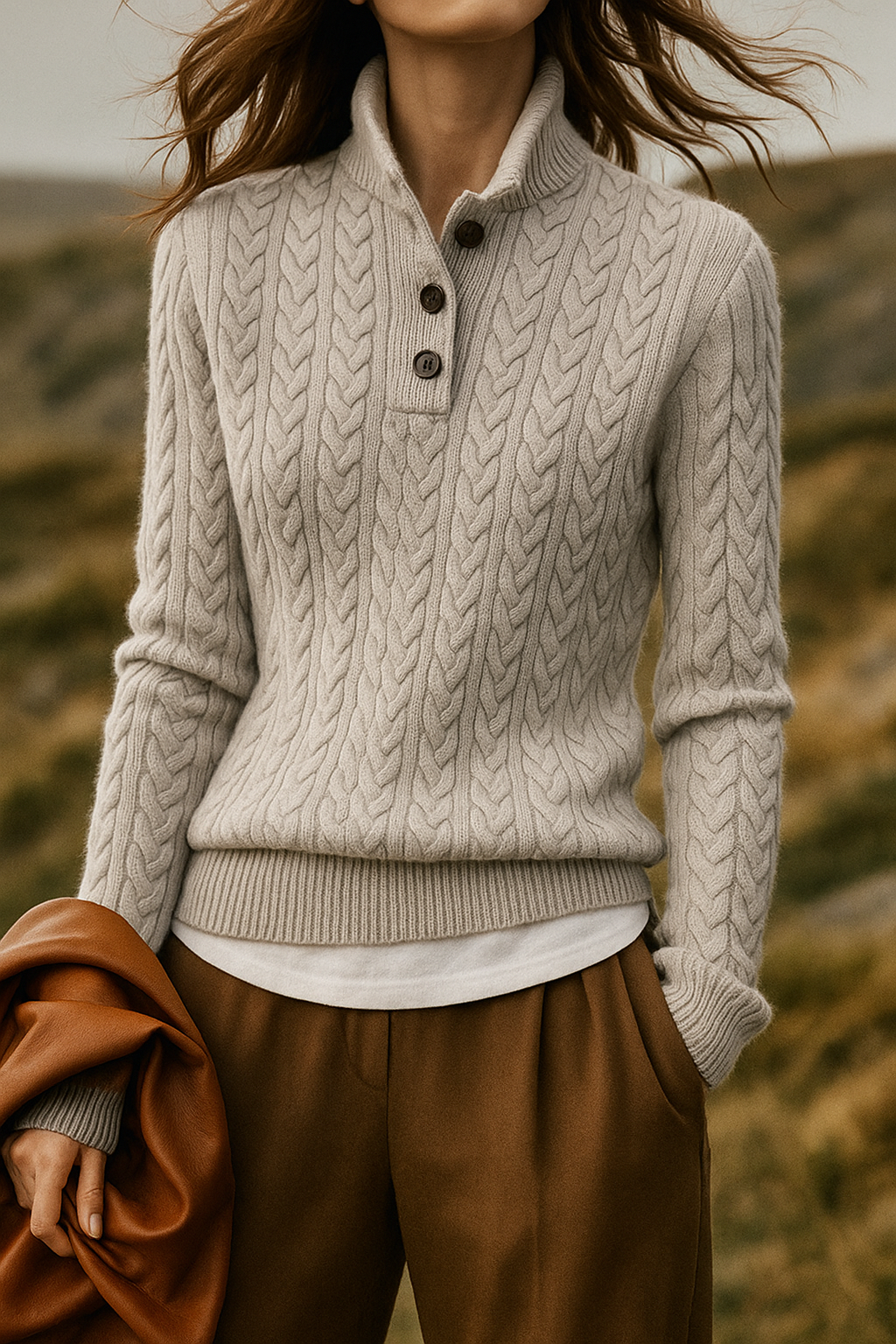 Beige wool-blend cable-knit henley sweater with a buttoned stand collar and slim, tailored fit.