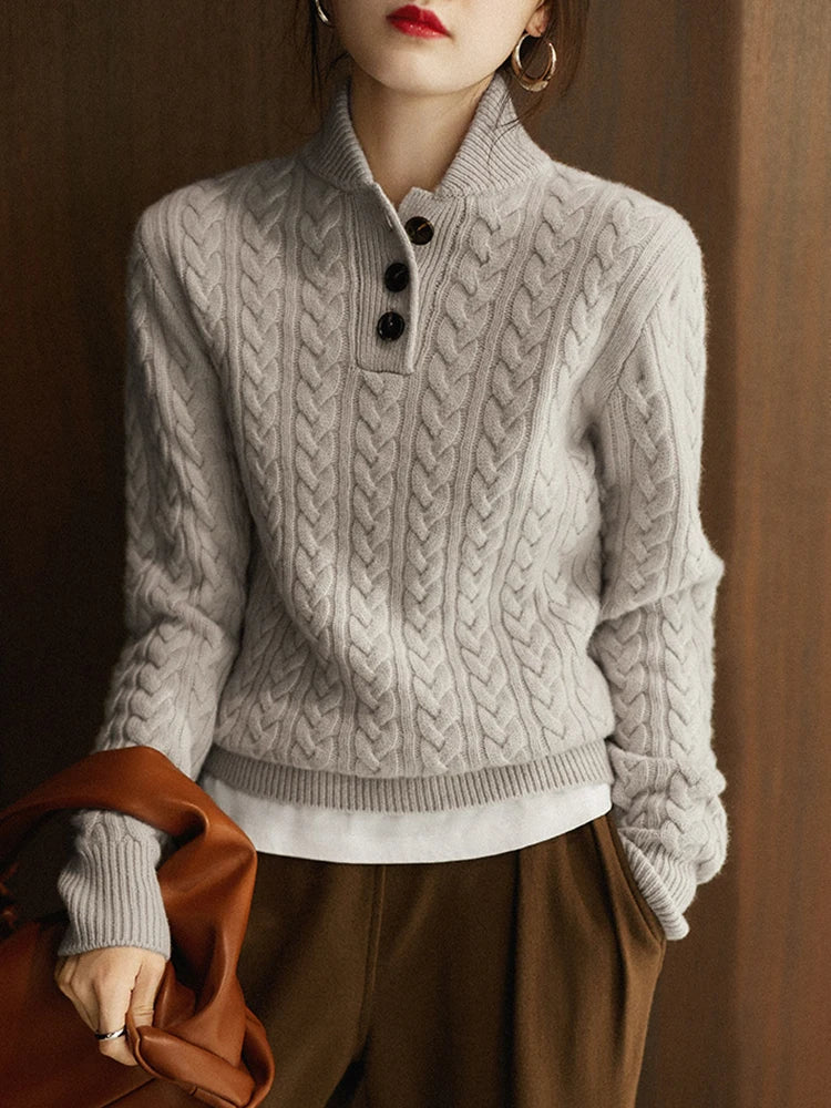 Grey cable-knit wool blend henley sweater featuring a button-up stand collar and a slim, tailored fit.