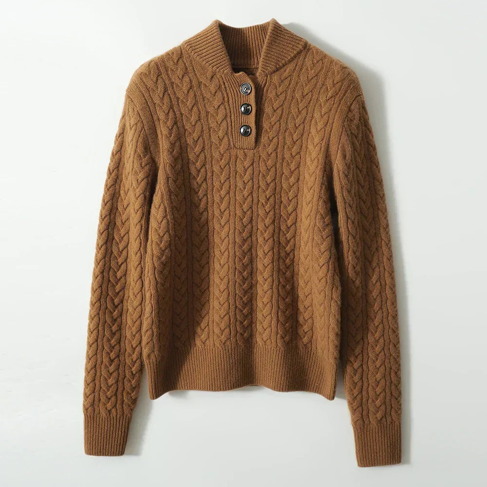 Brown wool-blend cable-knit henley sweater featuring a button-up stand collar and a slim, tailored fit.