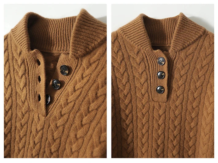 Brown wool-blend cable-knit henley sweater featuring a button-up stand collar and raised braided texture.