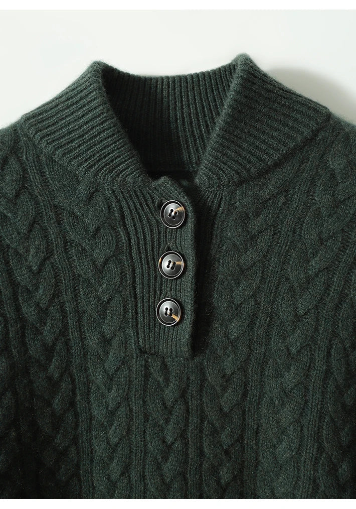 Dark green wool-blend cable-knit henley sweater featuring a ribbed stand collar and three-button placket.